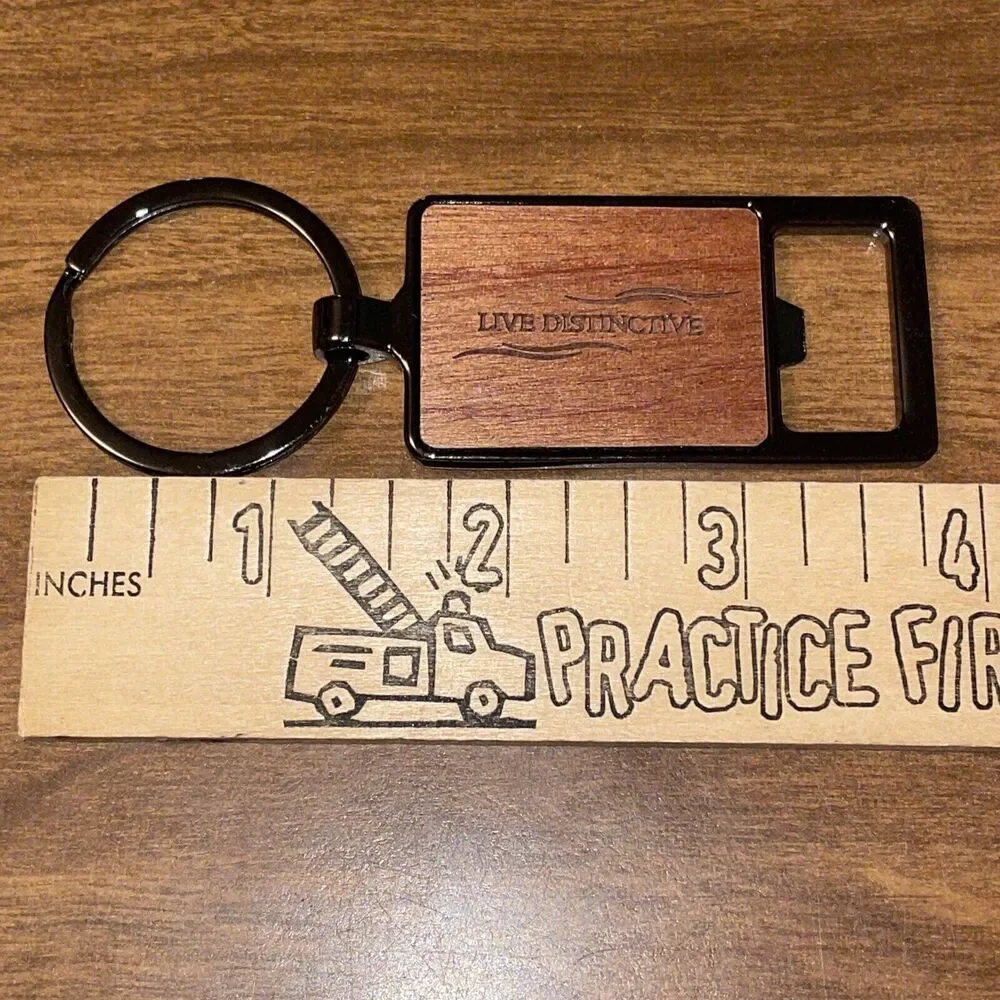 New In Box Dark Bronze Bottle Opener Key Ring Wood Inset Live Distinctive